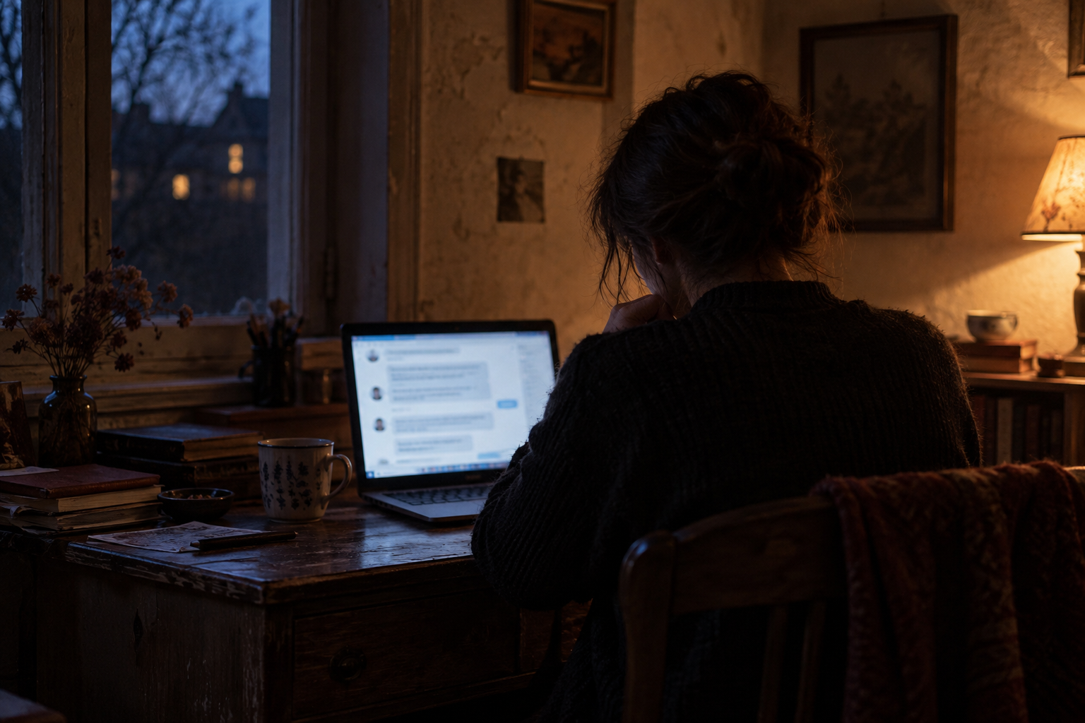 A partly hidden person reading blurred messages on a laptop