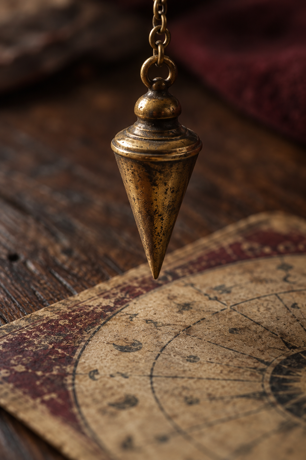 Close-up of a brass pendulum hovering above a divination card