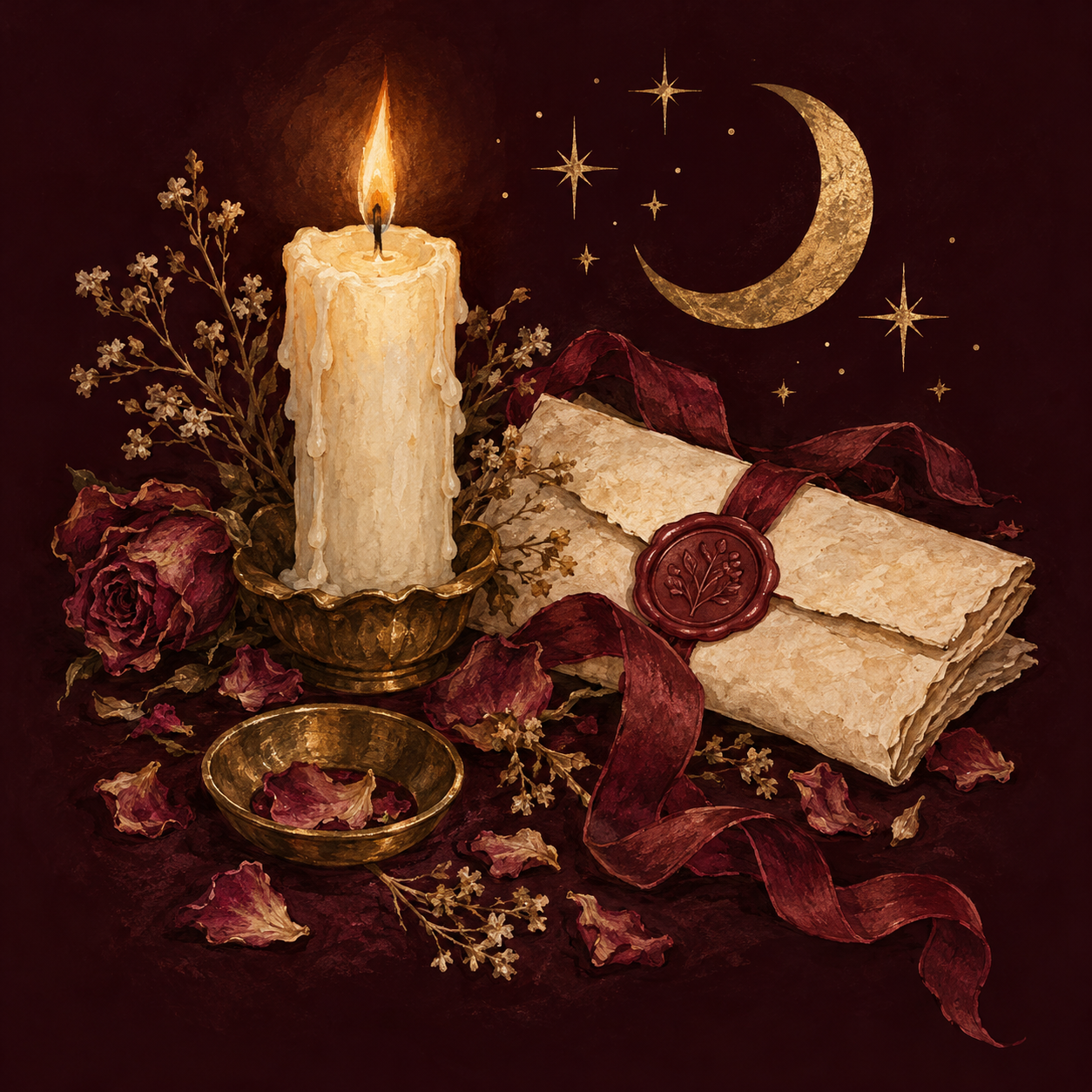 Painted candle, sealed intention and crescent moon